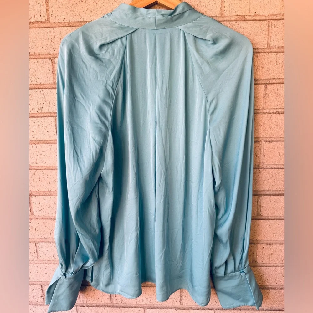 Kobi Halperin Nanee Pleated Silk Longsleeve V Neck Blouse Blue Teal Size Large - Picture 5 of 8
